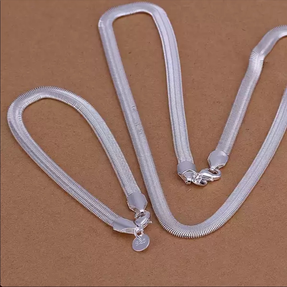 New Unisex 925 Silver necklace bracelets jewelry Set 6MM flat soft snake - Picture 1 of 1